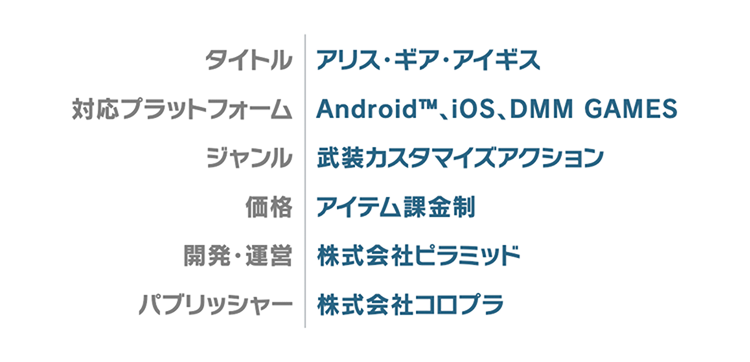 タイトル アリス・ギア・アイギス 対応プラットフォーム Android™、iOS、DMM GAMES ジャンル 武装カスタマイズアクション 価格 アイテム課金制 開発・運営 株式会社ピラミッド パブリッシャー 株式会社コロプラ